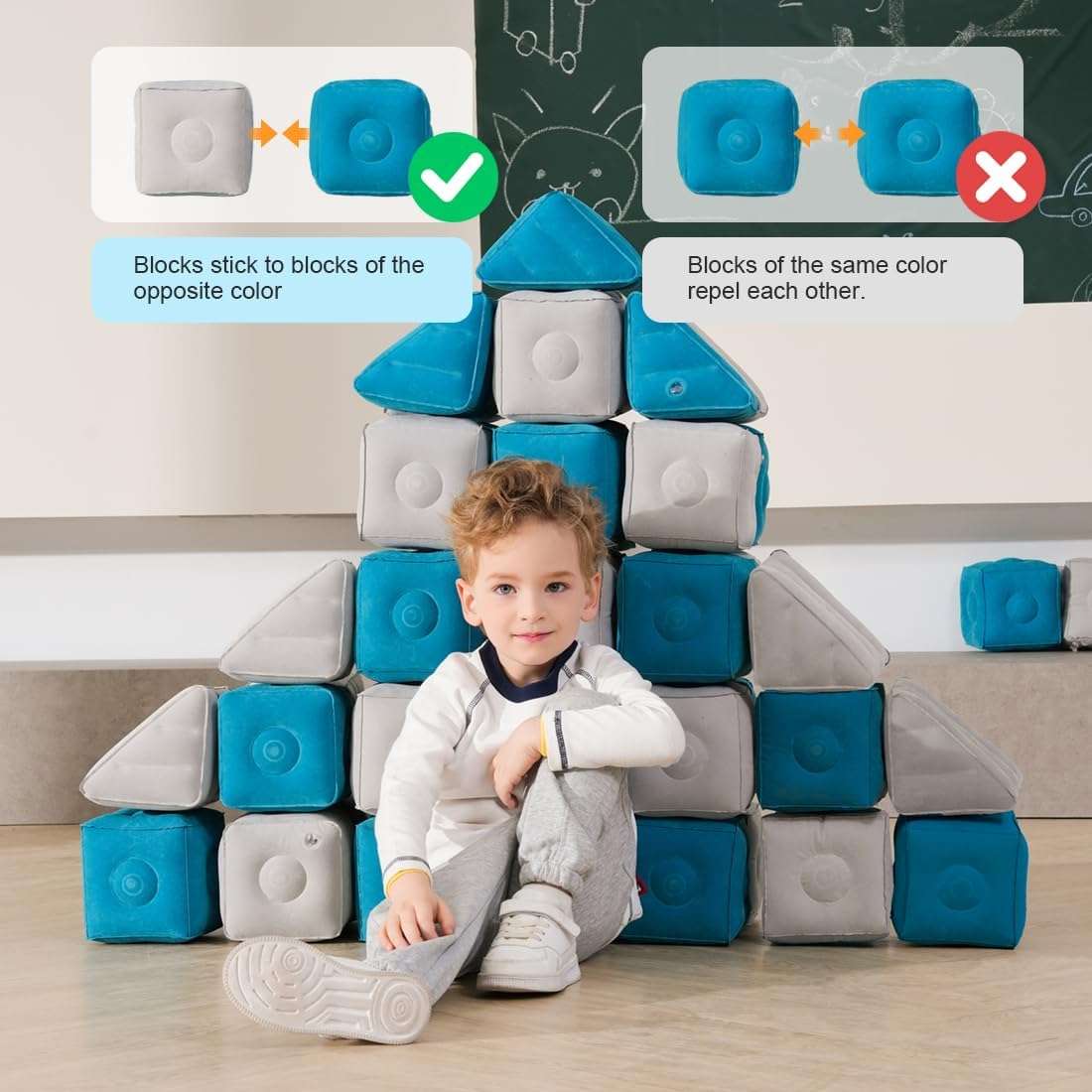 Inflatable MagnetBlox Magnetic Construction Blocks for Kids - Standard Set in Trendy Blue Gray.