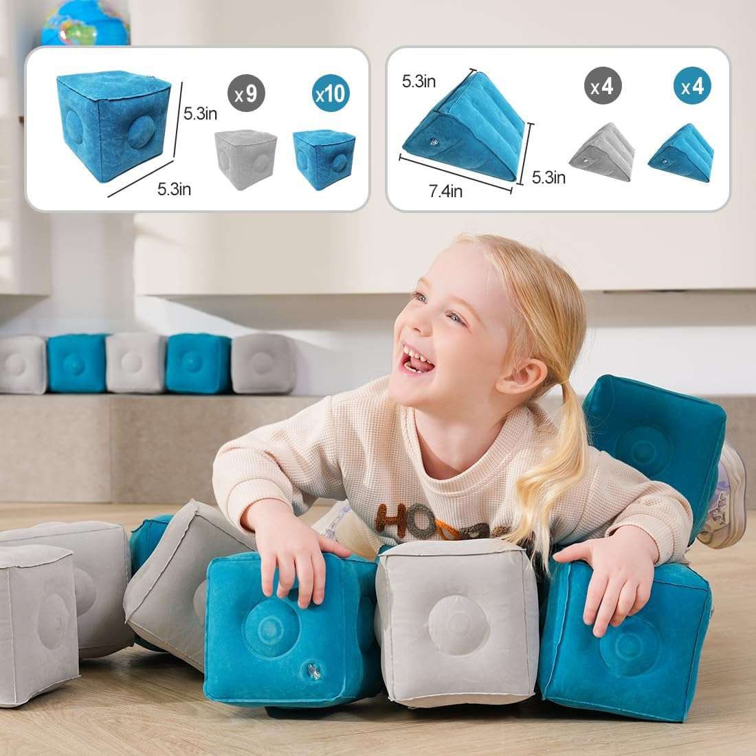 Inflatable MagnetBlox Magnetic Construction Blocks for Kids - Standard Set in Trendy Blue Gray.